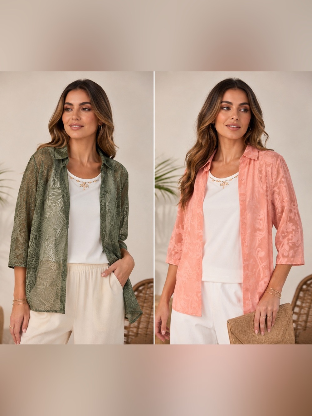 2-pc Bundle-Alfred Dunner Button Down Tops Attached Camis-Sage-Blush Pink/Coral